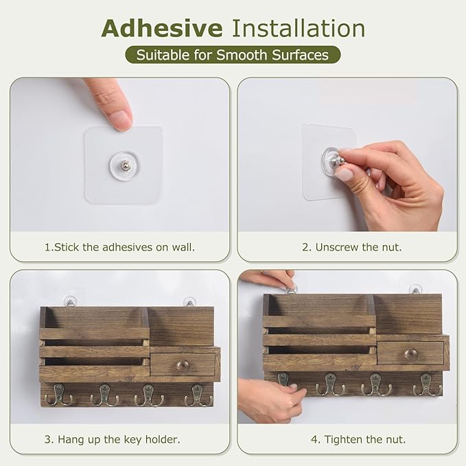 Key Holder Wall Mount, Wooden Adhesive Mail and Key Organizer with Drawer, Small Shelf, 8 Hooks, 2 Installation Methods, Brow