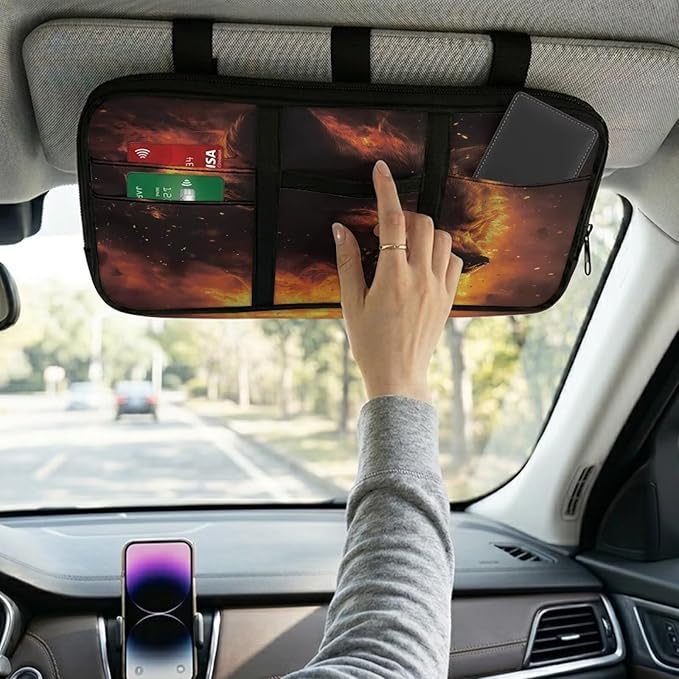Wolf Car Sun Visor Organizer, Auto Interior Accessories Pocket Organizer Glasses Clip， Truck SUV Storage Pouch Holder with Double Zipper Pockets