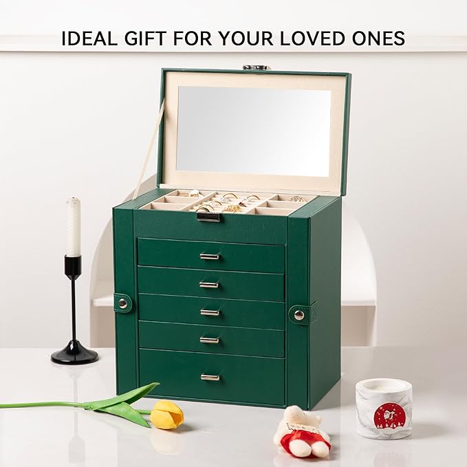 Frebeauty Large Jewelry Box,6-Tier PU Leather Jewelry Organizer,Multi-functional Storage Case with Mirror,Accessories Holder 