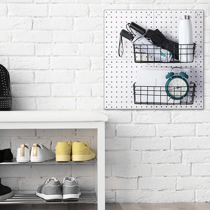 Sieral 4 Pcs Large Pegboard Baskets Set 12 x 6.5 x 4 Inch Black Metal Wire Baskets Peg Board Organizer Accessories Wall Mount