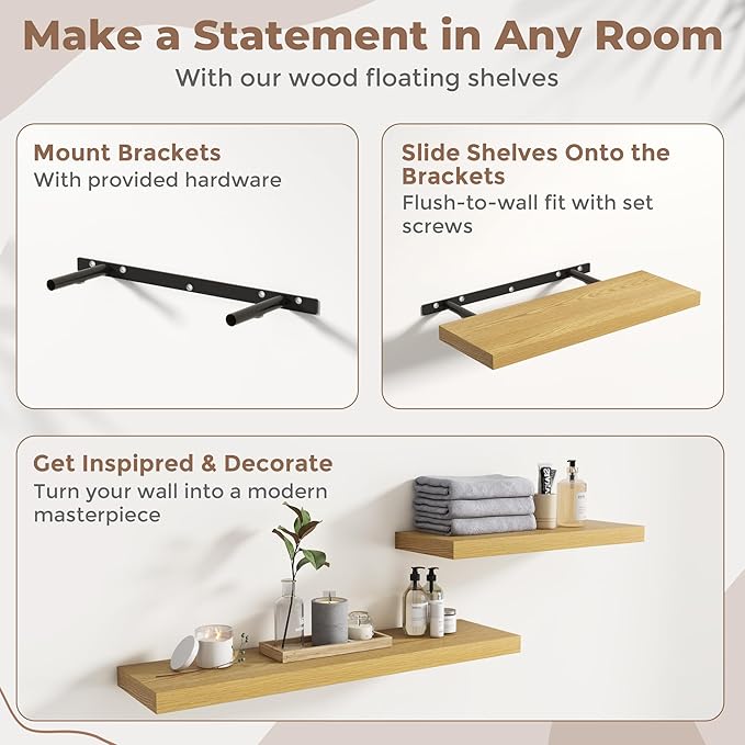 16 Inch Floating Shelves for Wall Set of 2, 8"D Wood Grain Bathroom Shelves with Invisible Brackets, Easy Install Engineered 