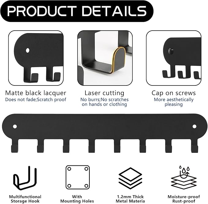 2 Pack Key Holder for Wall,Key Hooks with 8 Hooks,Key Rack for Wall No Drill for Living Room, Kitchen, Bathroom, Garage (Blac