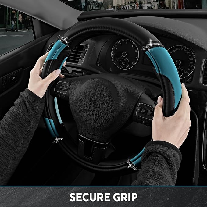 Road Comforts Leather Steering Wheel Cover - Made with PVC Leather - Anti-Slip, Universal Fit 14 1/2 inches to 15 inches - Da
