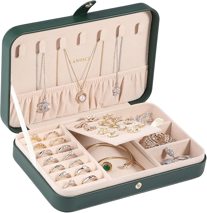LANDICI Small Jewelry Box for Women Girls, PU Leather Travel Jewelry Organizer Case, Jewellery Storage Holder Display for Rin