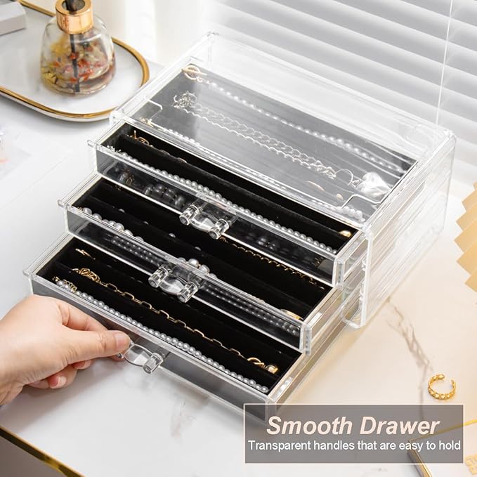 YUFONG Necklace Holder Organizer, Dustproof Necklace Box Velvet Necklace Organizer Box with Lid Clear Acrylic Dustproof Stack