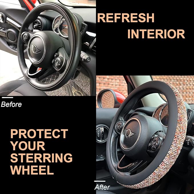 PINCTROT Chenille Leather Steering Wheel Cover, Soft Mottled Colors, Sweat-Proof, Non-Slip Grip, All-Season Comfort, Universa