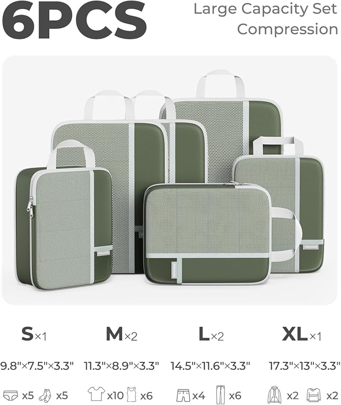 Percover Compression Packing Cubes 6-Piece Set, Packing Cubes Compression for Travel with Multi-Size Organization, Travel Org