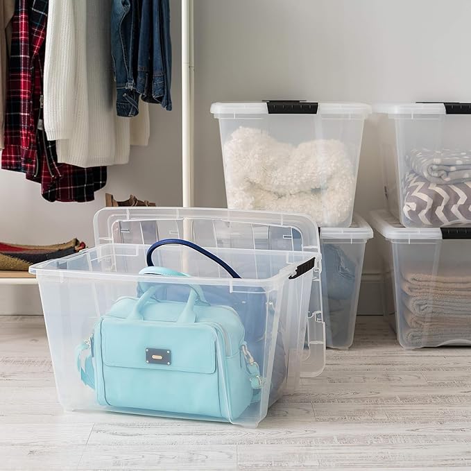 IRIS USA 54 Qt Stackable Plastic Storage Bins with Lids, 12 Pack - BPA-Free, Made in USA - See-Through Organizing Solution, L