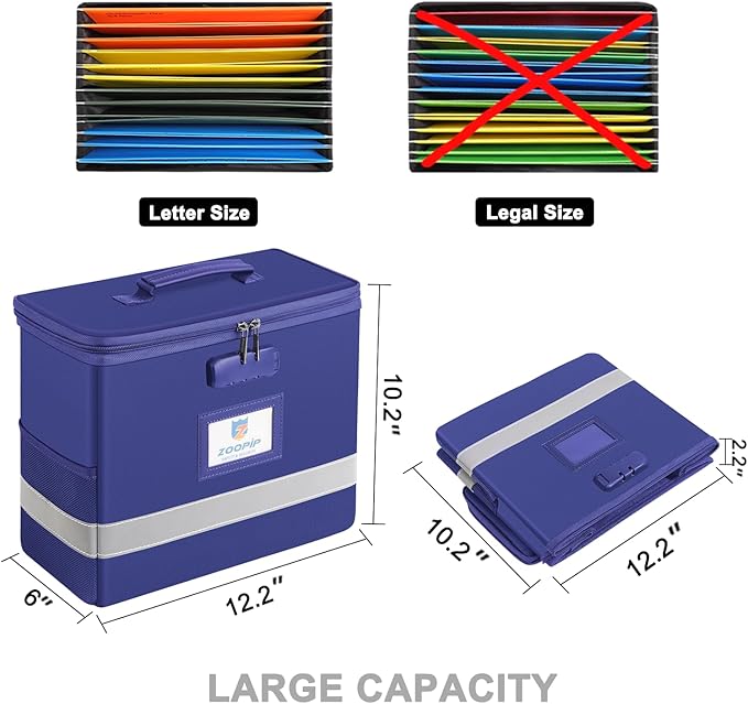 Fireproof File Box with Lock, Document Box Storage Organizer, Suitable for Hanging File Folders in Letter Size, Collapsible F