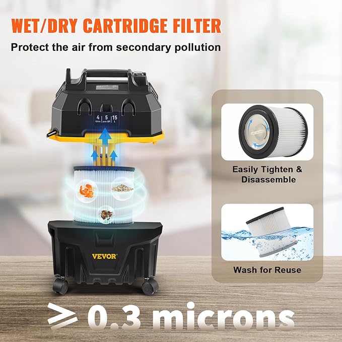 VEVOR 4 Gallon 5.0 Peak HP Wet and Dry Shop Vac， Portable Shop Vacuum and Blower 3-in-1 with Filter, Hose and Attachments for