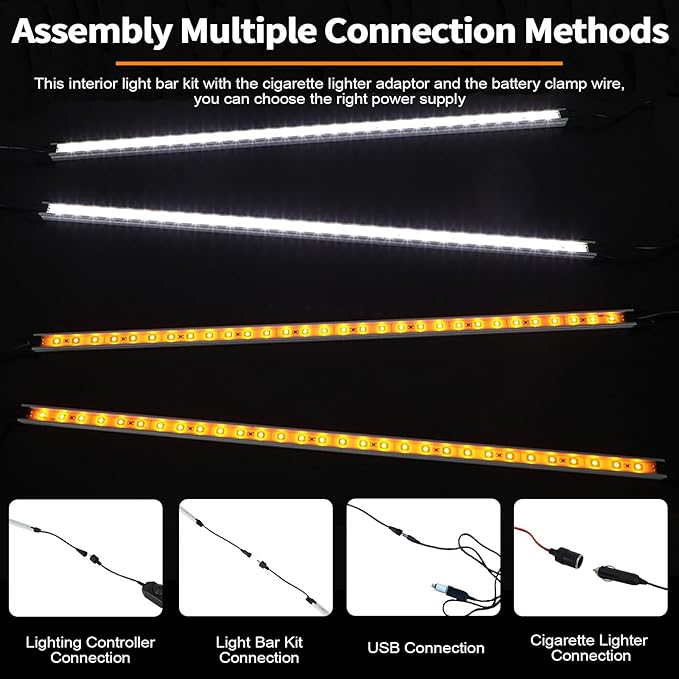 12V LED Interior Light Bar Kit Dimmable IP67 Waterproof Camping String Lights, 2 Bars White & 2 Bars Amber Aluminum Magnetic Mount Exterior Lights for RV, Camping Tent,Car