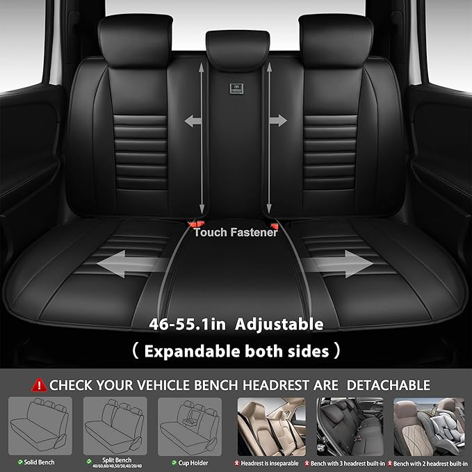 CAR PASS Back Seat Covers, Nappa Leather Rear Seat Bench Cushion Lined Sponge Waterproof Breathable PU Split Back Row Protect