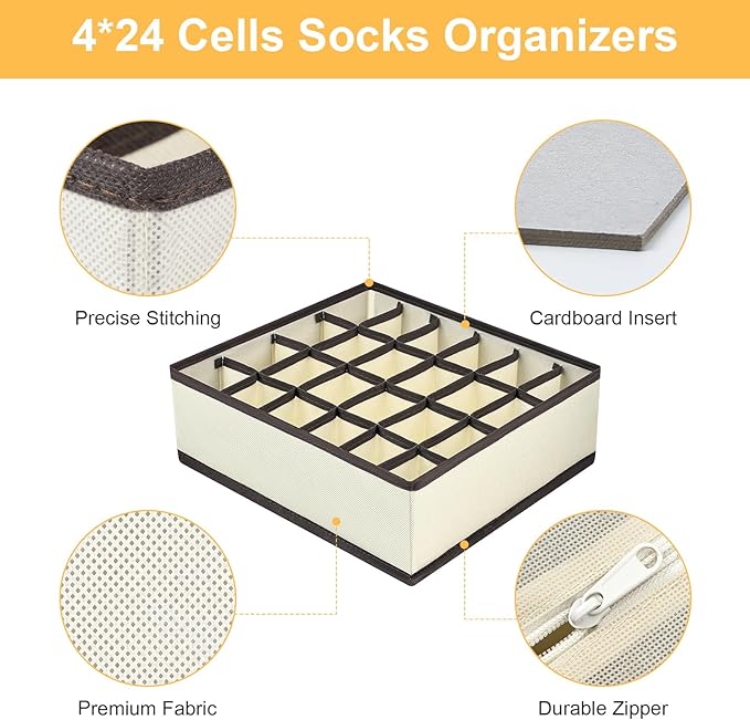 Joyoldelf Sock Drawer Organizer Divider Underwear Organizer 24-cell Fabric Dresser Drawer Organizers Storage Boxes for Socks 