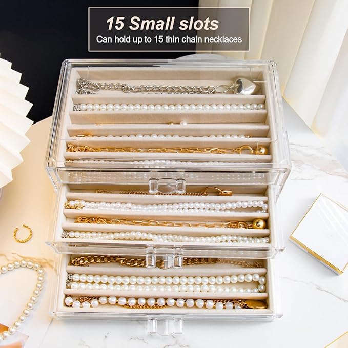 YUFONG Necklace Holder Organizer, Dustproof Necklace Box Velvet Necklace Organizer Box with Lid Clear Acrylic Dustproof Stack