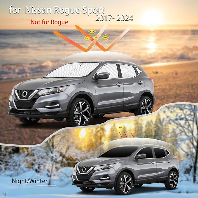 KMF 8pcs Thicken Full Window Sun Shades for Nissan Rogue Sport 2017-2024 Accessories, Custom Fit Windshield Sunshade Car Window Covers for Side Rear, UV Block and Blackout Privacy for Camping Outdoor