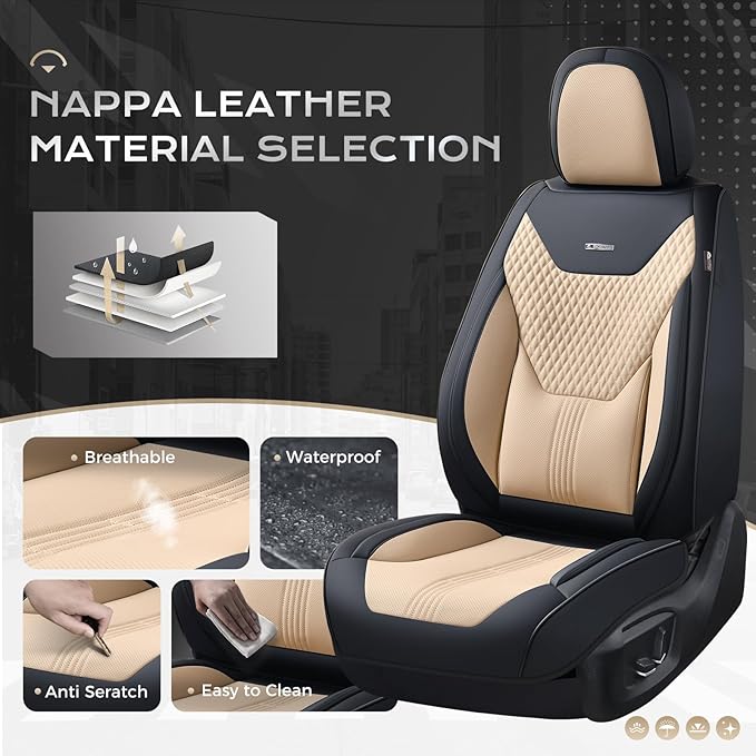 Coverado Car Seat Covers Full Set, Front Seat Covers with Lumbar Support and Back Seat Cover Waterproof Leather Automotive Se