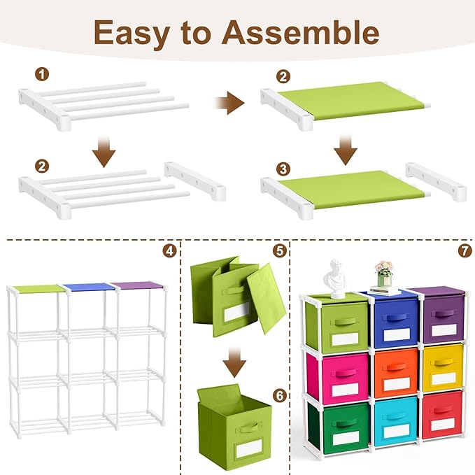 Geelin 9 Cube Toys Storage Organizer with Fabric Bins and Labels, 11 Inch Collapsible Cubby Storage Drawers Colorful Dresser 