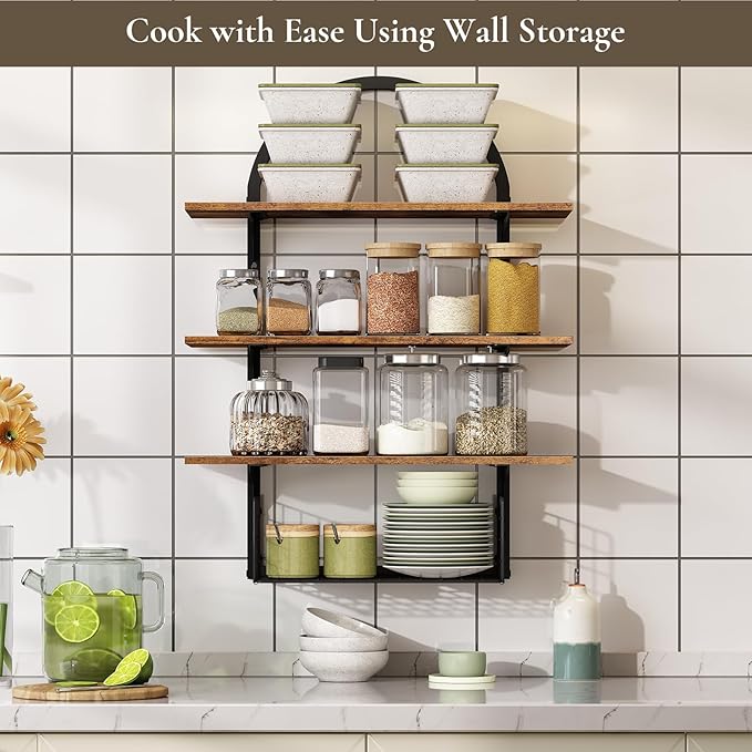 3 Tier Floating Shelf with Storage Baskets, Wall Mounted Bathroom Shelves Over Toilet, Wood Wall Shelves for Kitchen, Bedroom