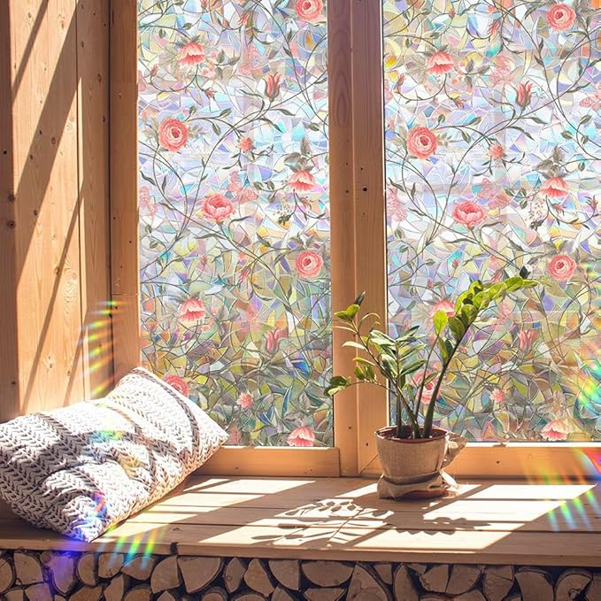 Retro Rose Window Privacy Film,Stained Glass Decals Red Rose Privacy Rainbow Decals Living Room Sun Blocking Decor Removable Static Cling Stickers,16.93x39.37inch