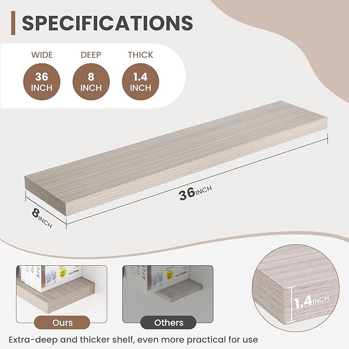 36 Inch Floating Shelves, 8 Inch Deep Floating Shelves for Wall, Hanging Shelf with Invisible Brackets, Deep Shelves for Bath