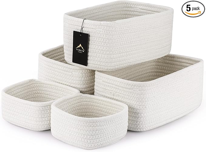 5-Pack Small Woven Rope Storage Baskets – 2 Sizes Organizer Bins for Closet, Shelf, Bookshelf, Nursery, Changing Table, Fabri