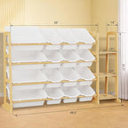 Kids Toy Storage Organizer with Bookshelf – Wooden Shelf with 16 Bins & 3 Shelves, Quick Assembly Storage Rack for Playroom, 
