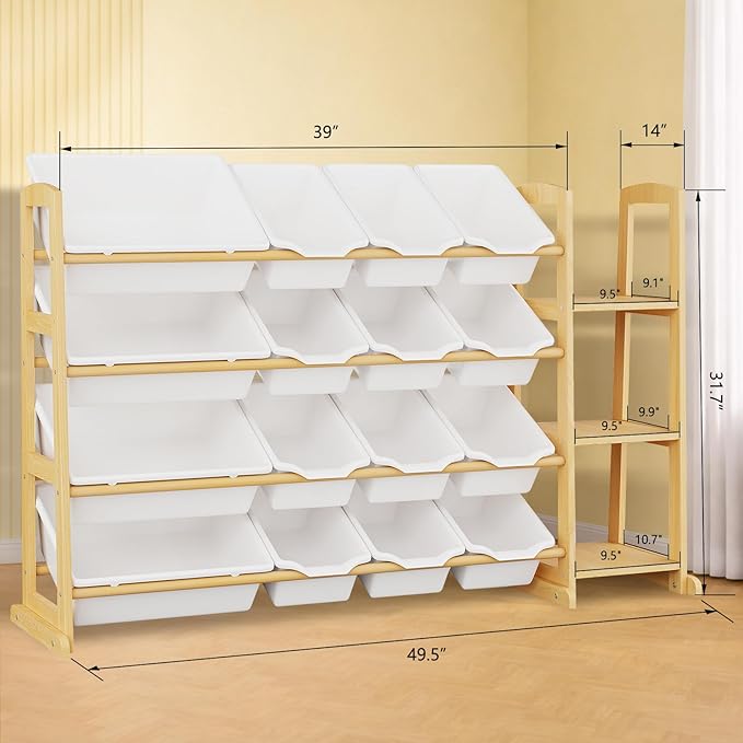 Kids Toy Storage Organizer with Bookshelf – Wooden Shelf with 16 Bins & 3 Shelves, Quick Assembly Storage Rack for Playroom, 