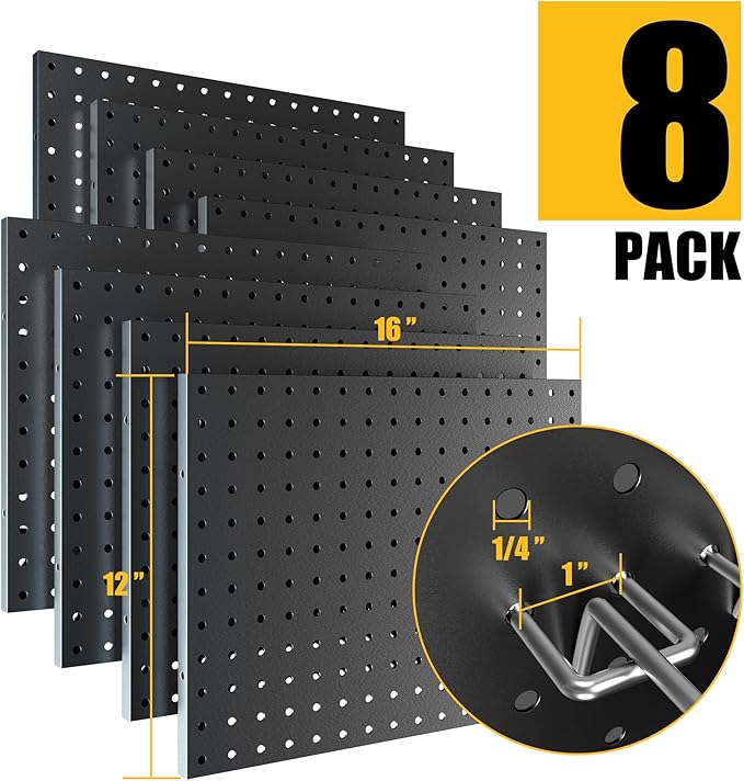 Spampur Peg Board, 8 Pack Metal Pegboard Panels Black Pegboards Wall Organizer, Peg Board for Walls Home, Garage Tool Storage