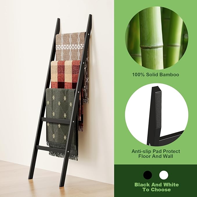 Blanket Ladder Towel Racks For Bathroom 5 Layers Towel Holder 100% Bamboo Wood Sturdy Construction No Need Wall Drilling Quil
