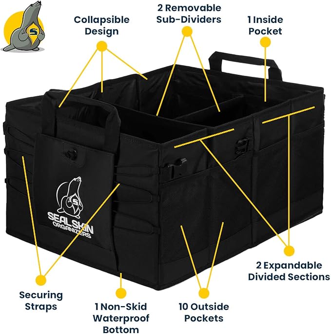 Seal Skin Covers Trunk Organizer for SUV, Car & Truck - Premium Heavy Duty and Collapsible with 3 Adjustable Sizes - Lightweigh