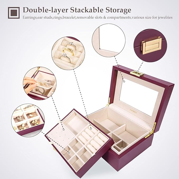 LANDICI Jewelry Organizer Box for Women Teen Girls,Large Jewelry Storage Case with Mirror,2 Layer Removable Stackable Tray,Le