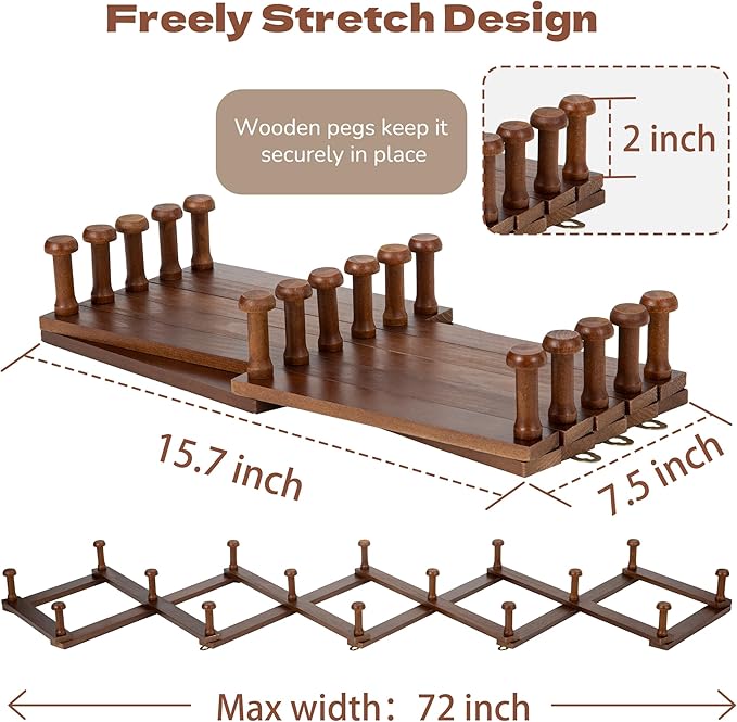 Cozcty Accordion Wall Hanger, Wooden Hat Rack for Wall with 16 Hooks, Expandable Peg Hat Hanger Organizer, Decorative Coat Ra