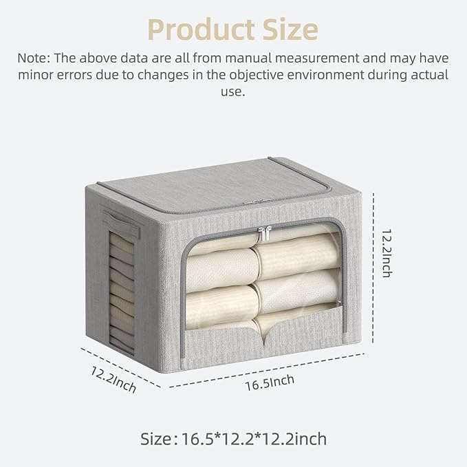 FHSQX 3 Pack Clothes Storage Bins - Foldable Metal Frame Storage Box - Stackable Linen Fabric Container Organizer Set with Ca