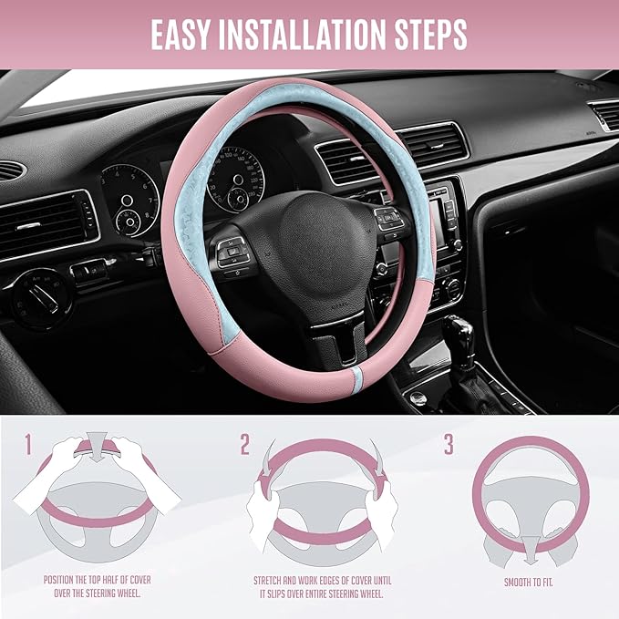 PIC AUTO Steering Wheel Cover, Light Blue Patterned & Pink Leather Patchwork Design, Universal Fit 14.5"–15.5", Anti-Slip, Od