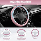 PIC AUTO Steering Wheel Cover, Light Blue Patterned & Pink Leather Patchwork Design, Universal Fit 14.5"–15.5", Anti-Slip, Od