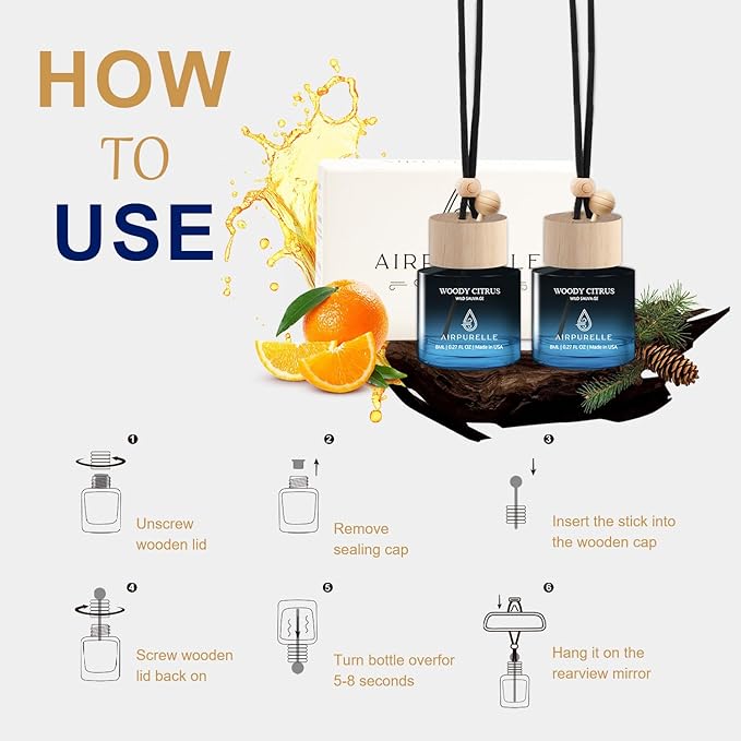 Car Air Fresheners (Woody Citrus) 2 Pack - Air Fresheners for Car Made in USA, Hanging Car Air Freshner with Anti-Leak Stick,