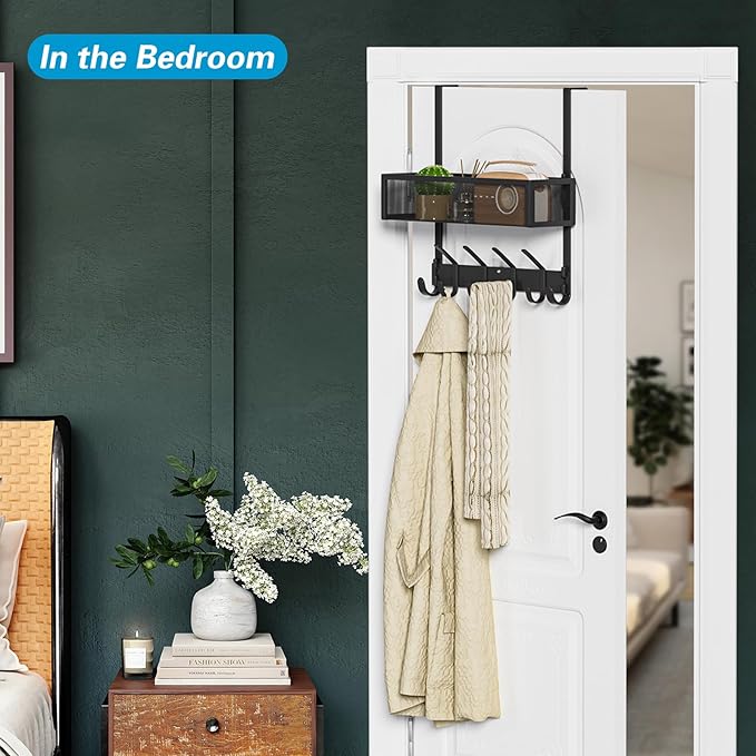 Over The Door Hooks Organizer, Over The Door Towel Rack with Mesh Basket, 10 Coat Hooks and 2 Wreath Hangers, Bathroom Door O