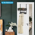 Over The Door Hooks Organizer, Over The Door Towel Rack with Mesh Basket, 10 Coat Hooks and 2 Wreath Hangers, Bathroom Door O