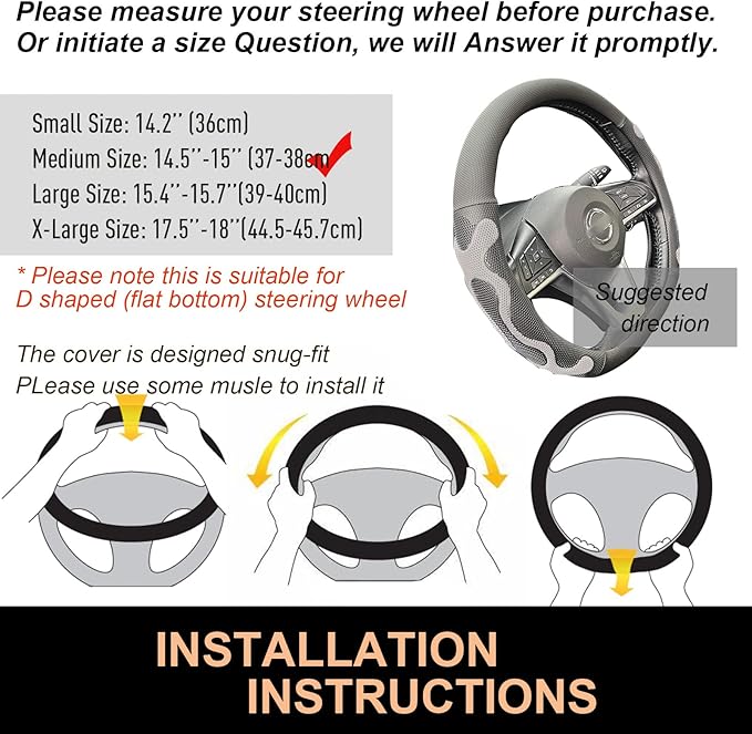 PINCTROT D Shaped Comfy Grip Steering Wheel Cover, Anti-Slip Design, Flat Bottom 14.5-15 Inch(Silicone Gray)