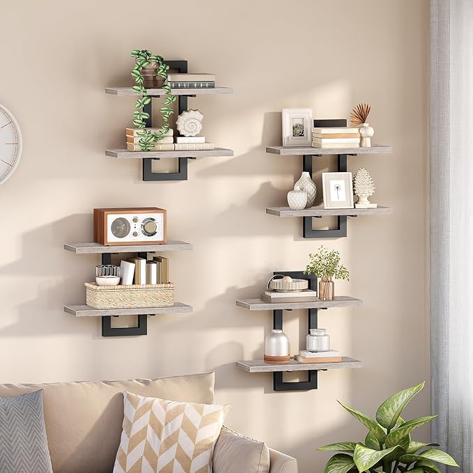 HOOBRO Floating Shelves, 15 Inch Wall Shelf Set of 4, Wall Mounted Storage Shelves 2-Tier, Hanging Bathroom Shelves, for Livi