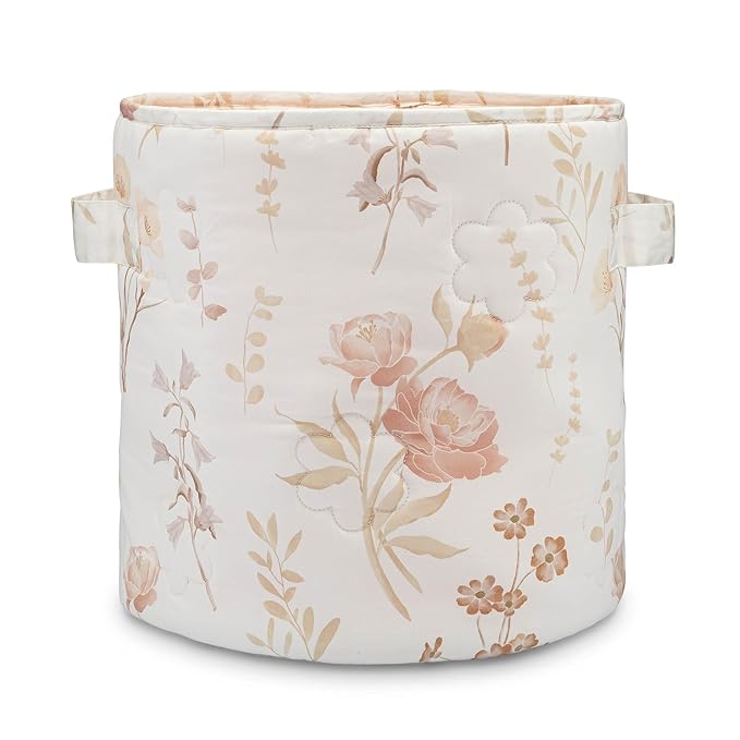 Crane Baby Wildflower Quilted Storage Basket, 13"x13", Cotton Fabric Basket for Baby Clothes Storage, Girls Nursery Decor, Ba