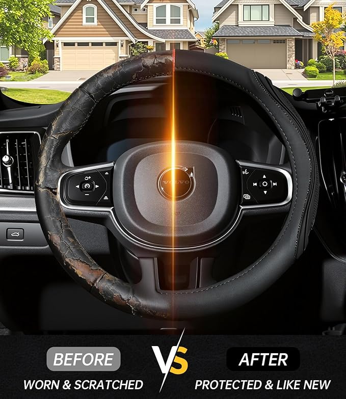 XCBYT Steering Wheel Cover - Black Leather Steering Wheel Wrap Great Grip with 3D Honeycomb Quick and Effortless Installation