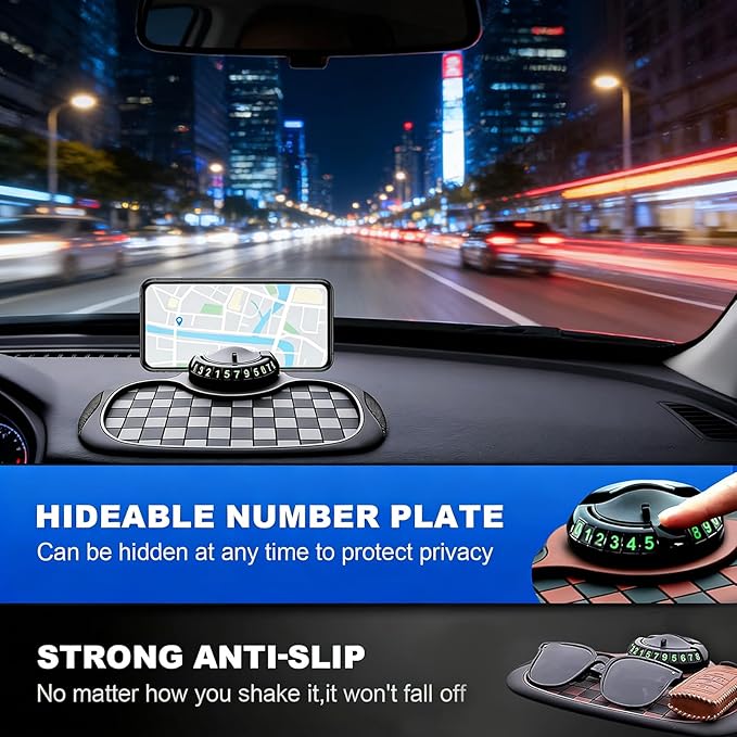 3-in-1 Car Dashboard Anti-Slip Mat, 360° Rotatable Phone Holder with Temporary Parking Number, Universal Fit Non-Slip Pad for