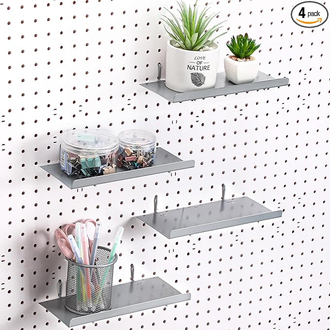 Beeveer 4 Pcs Pegboard Shelves Wall Organizer Brackets Pegboard Steel Tray Accessories Organizing Tools for Craft Garage Nurs