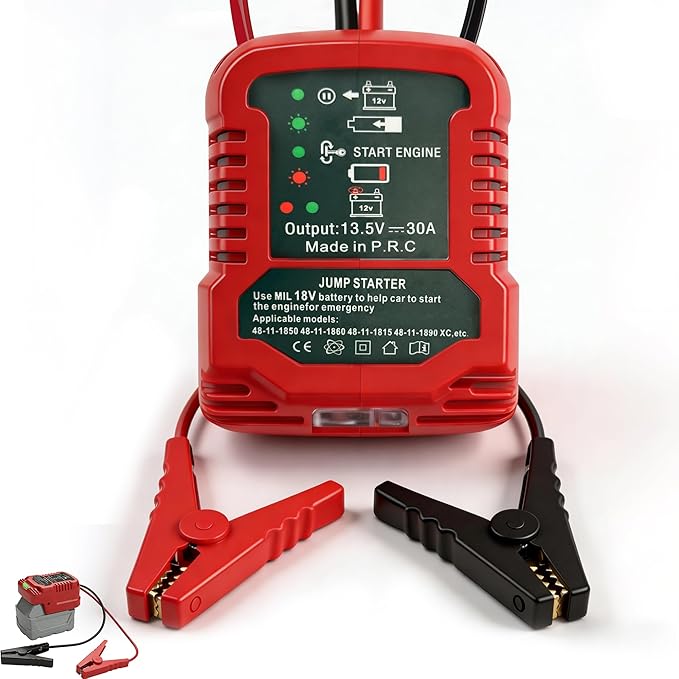 Car Jump Starter, Compatible with Milwaukee M18 18V Tools Battery, Jumper Cables with 30A Fuse & Protection Circuit, 13.5V Regulated Portable Jumping Cables for 12V Cars Motorcycles Lawn Mowers