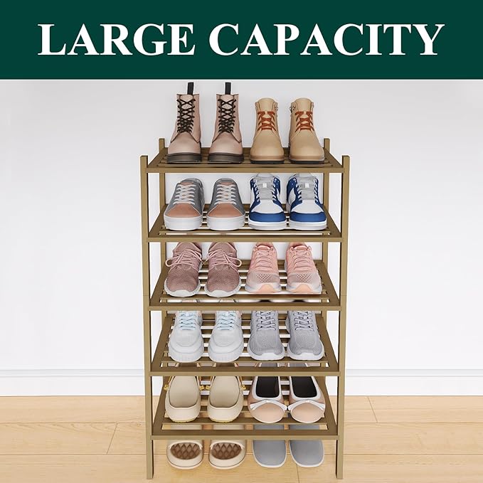 Smiry Small Bamboo Shoe Rack 5-Tier, Stackable Wooden Shoe Organizer for Entryway & Closet, Free Standing Wood Shoe Storage S