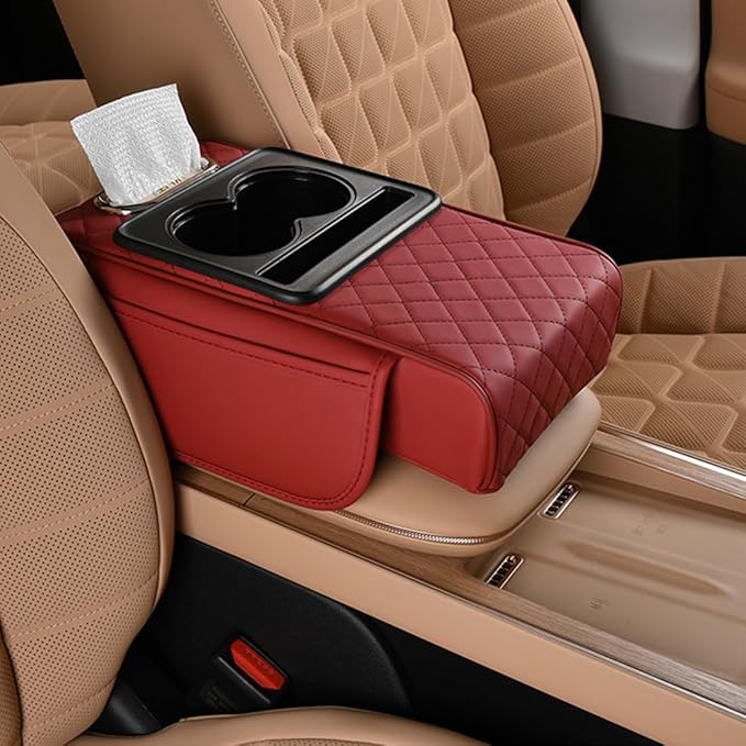 Car Armrest Cushion,5-in-1 Center Console Cover with 2 Storage Bags Cup Holder, Tissue Box Slot, Phone Slot for Sedans, Car Accessories Interior Organizers (Claret)