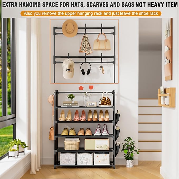 Shoe Rack 5 Tier Shoe Organizer Storage 15-20 Pairs Shoes Rack for Closet Entrance Shoe Rack Organizer with Hooks and Side Po