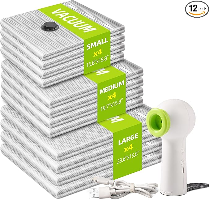12 Pack Vacuum Bags for Travel with Rechargeable Air Pump & LED Light,Vacuum Travel Bags,Vacuum Storage Bags(4L+4M+4S),80% Sp