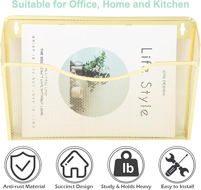 EASEPRES 3 Single Pocket Mesh Hanging File Organizer, Vertical Wall Mounted Magazine File Holder, Mount Basket Mail Paper Doc